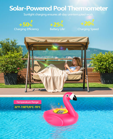 PoolLeader Flamingo thermometer at night with backlight facilitates easy after-dark readings.