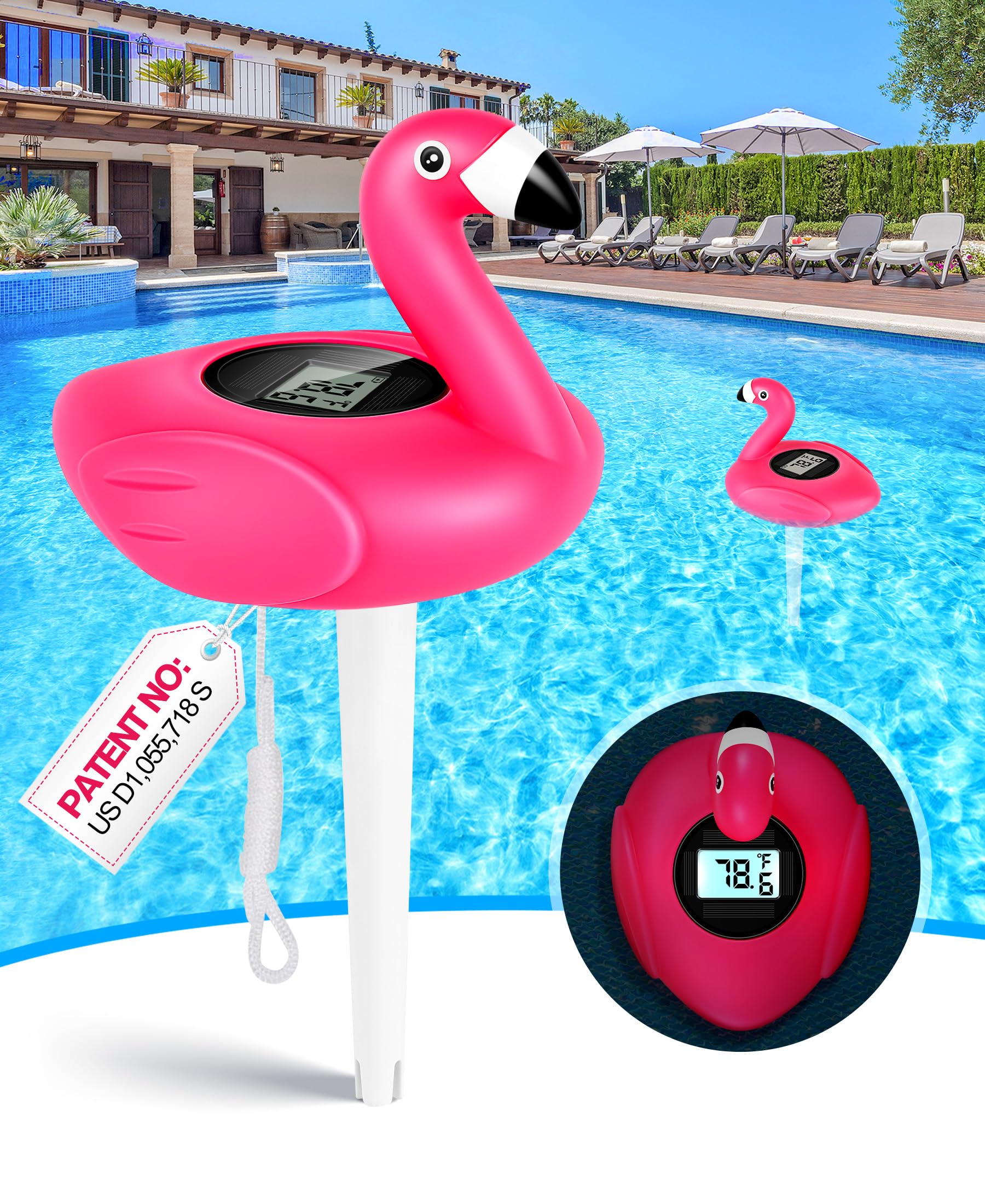 PoolLeader Flamingo thermometer with solar panel reads pool temperature clearly for daytime use.