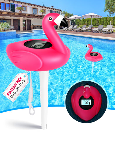 PoolLeader Flamingo thermometer with solar panel reads pool temperature clearly for daytime use.