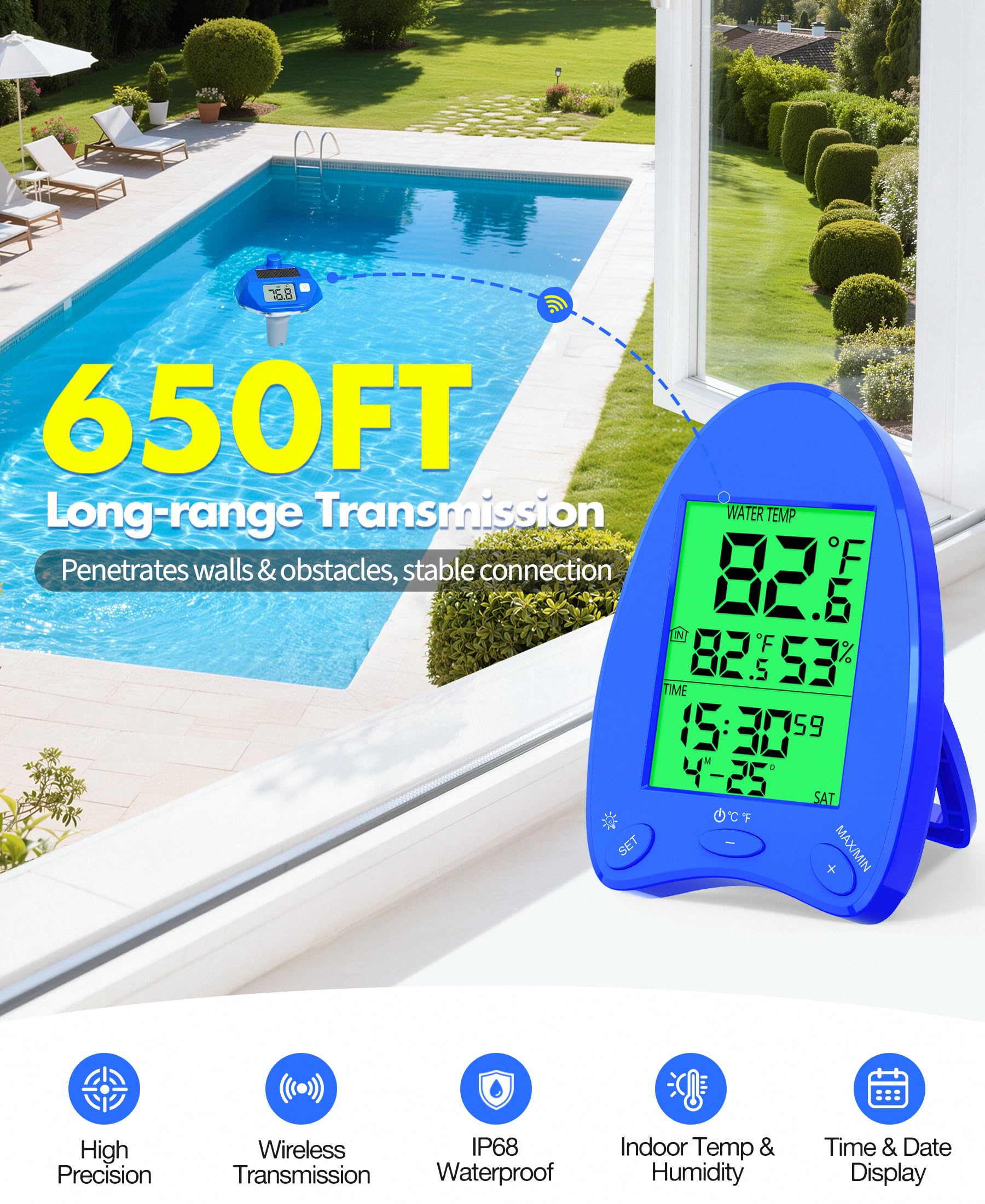 PoolLeader IP68 waterproof sensor stands up to splashes and submersion.