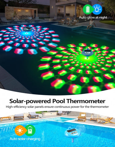 PoolLeader solar panel charging powers the thermometer by day.