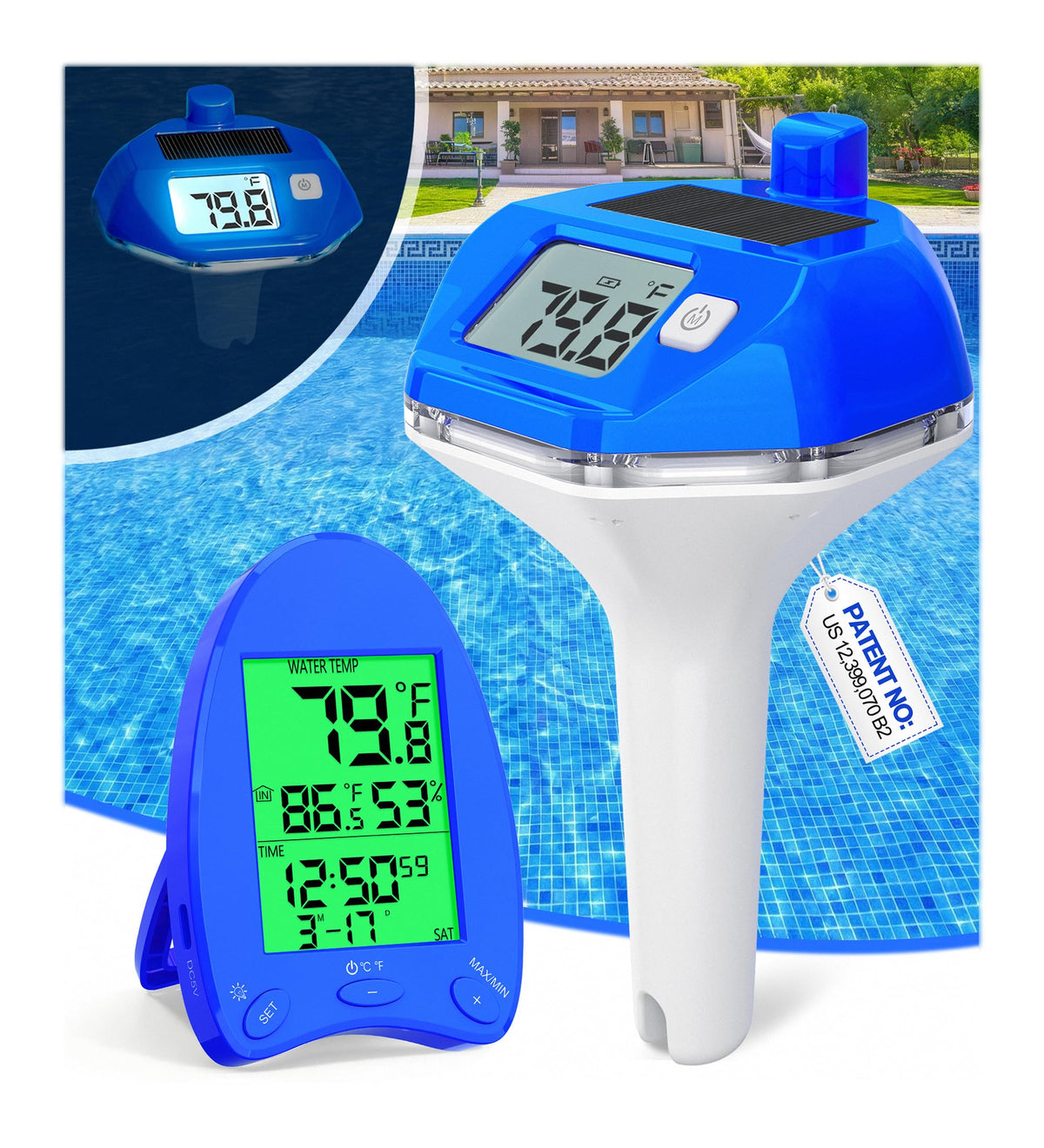 PoolLeader solar thermometer exterior with long-range transmission for easy pool monitoring.