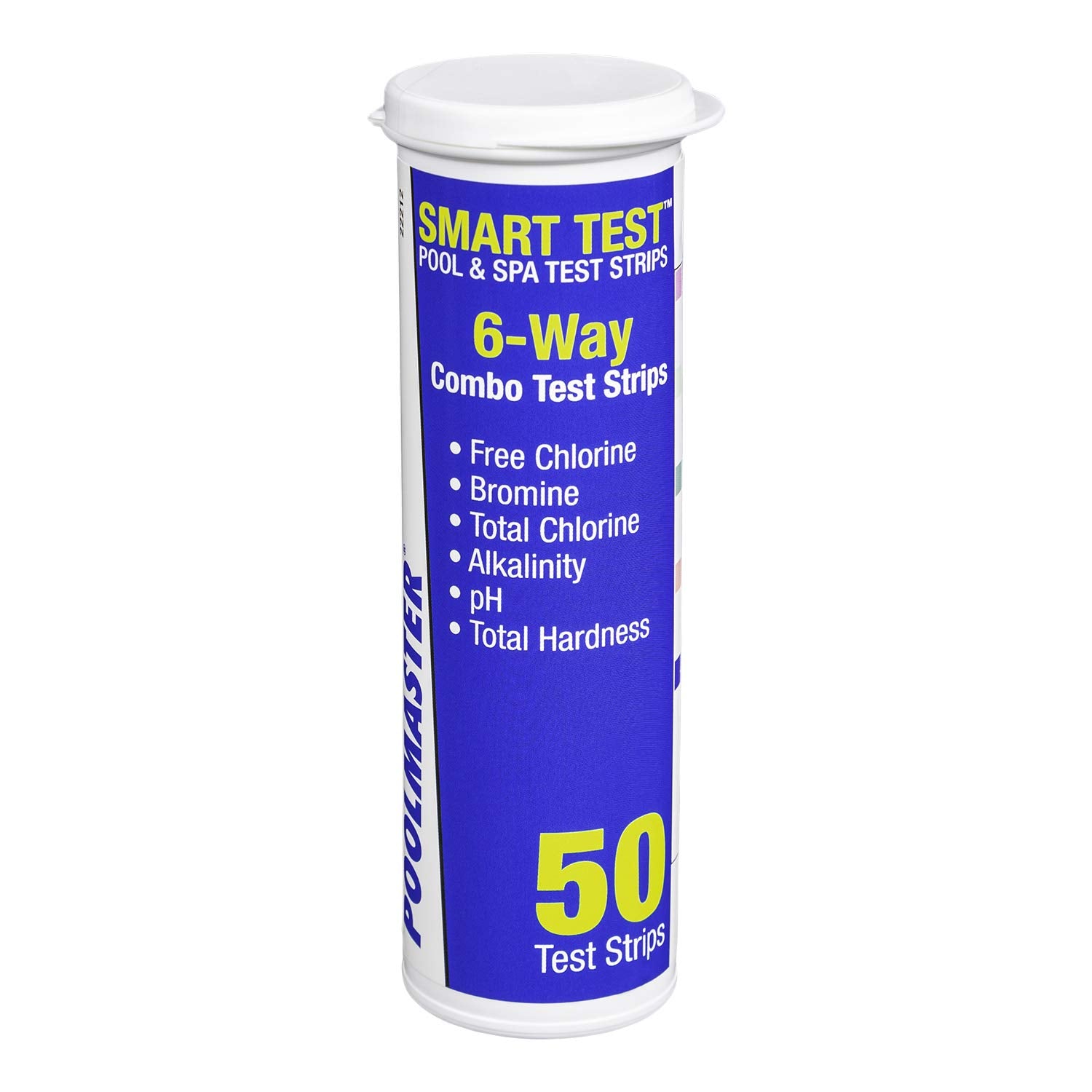 Poolmaster 22212 Smart Test strips bottle and color chart for quick water chemistry check.
