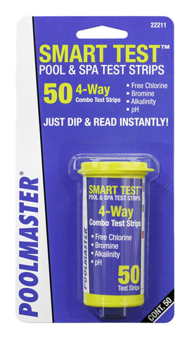 Poolmaster home pool and spa testing setup with strips ready.