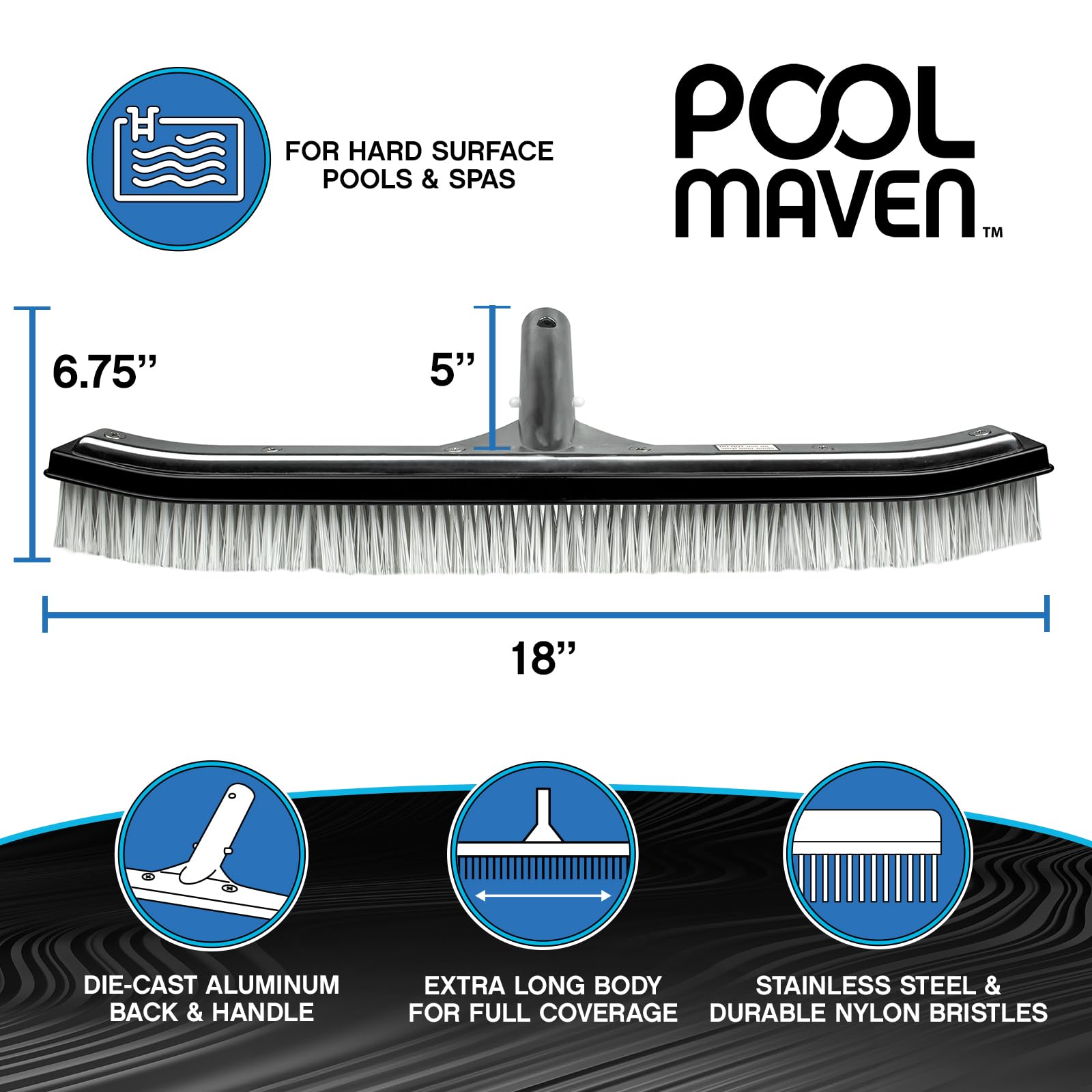 POOLMAVEN nylon and stainless bristles in action for thorough debris and stain removal.