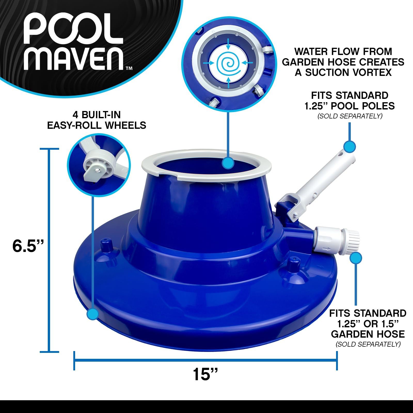 Poolmaven vacuum head with four wheels glides smoothly across pool floors.