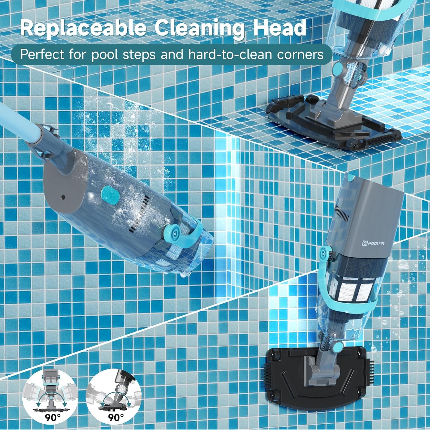 PoolMr 65-inch telescopic pole shows extended reach for hard-to-access areas.