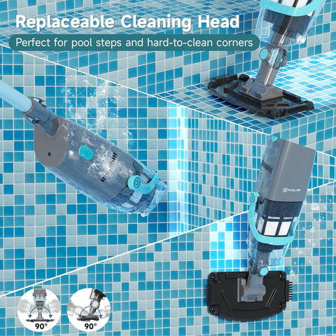 PoolMr 65-inch telescopic pole shows extended reach for hard-to-access areas.