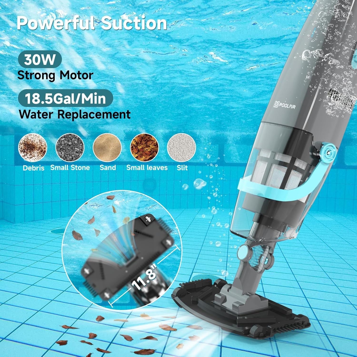 PoolMr cordless vacuum floor brush for stairs and corners in pools.