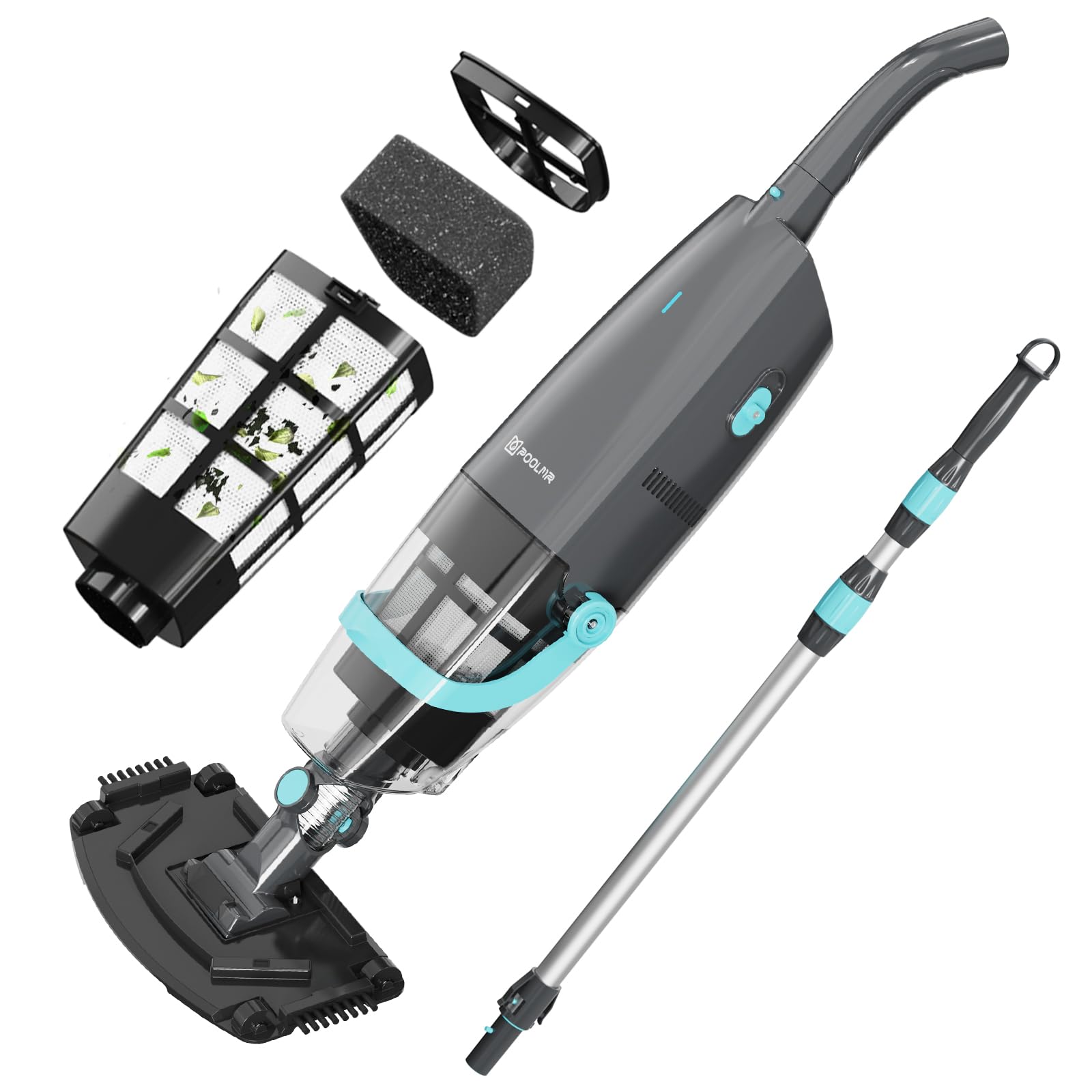 PoolMr cordless handheld pool vacuum front view for quick cleanups in above-ground pools.