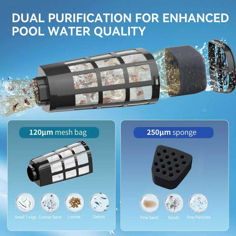 PoolMr handheld vacuum with suction head demonstrating deep-clean capability on pool floor.