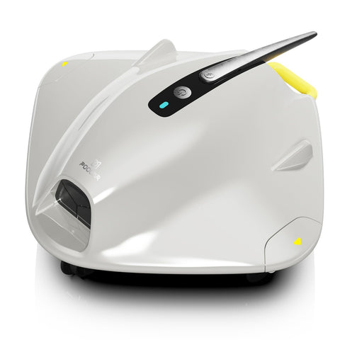 PoolMr cordless robotic pool cleaner front view showing compact body and ready-to-clean performance.