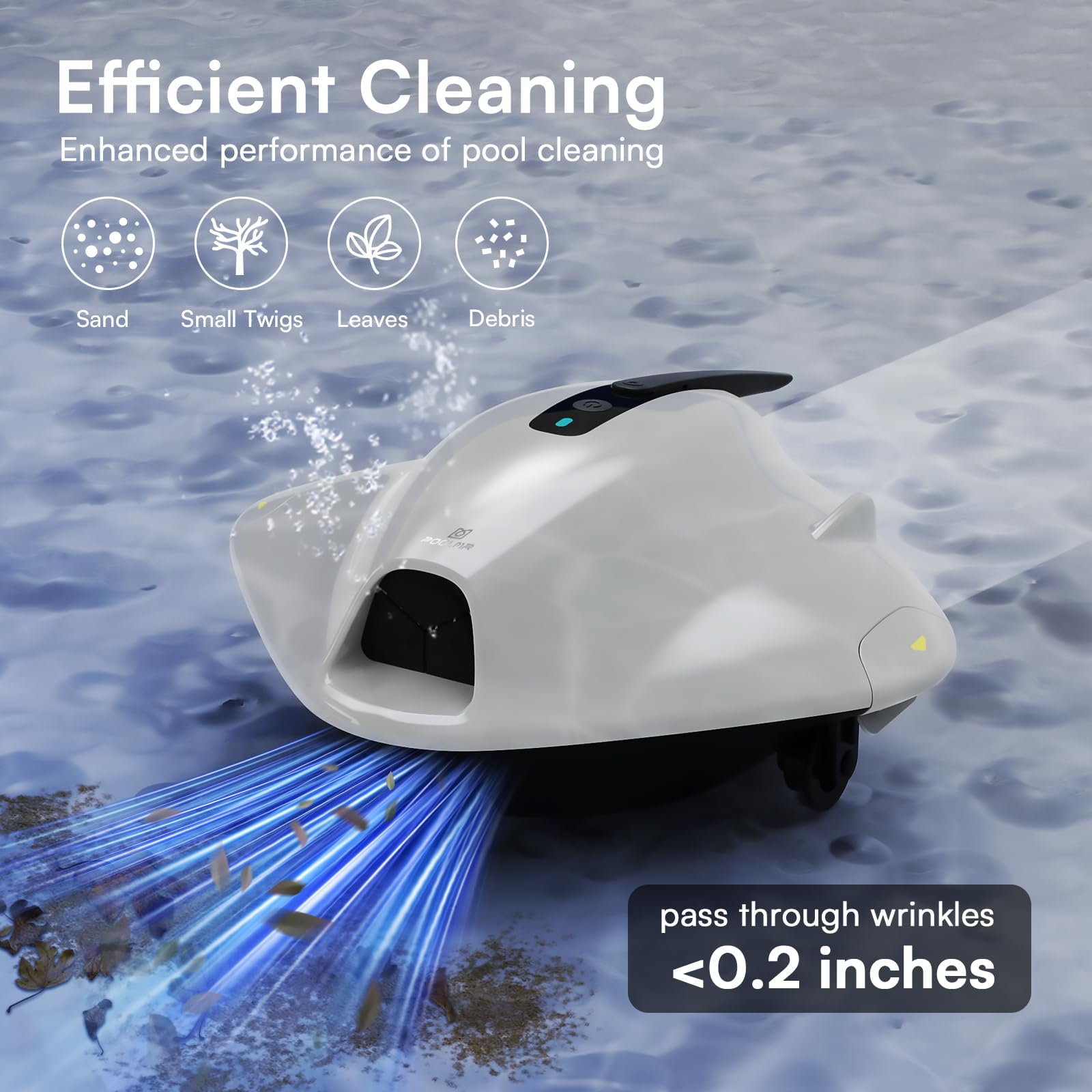 PoolMr cordless robotic pool cleaner side view highlighting sleek profile for above-ground pools.