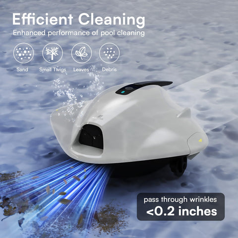 PoolMr cordless robotic pool cleaner side view highlighting sleek profile for above-ground pools.