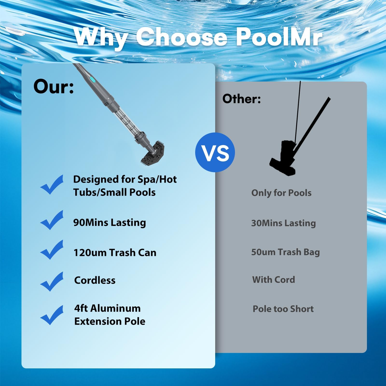 PoolMr handheld spa vacuum durable build withstands frequent spa maintenance.