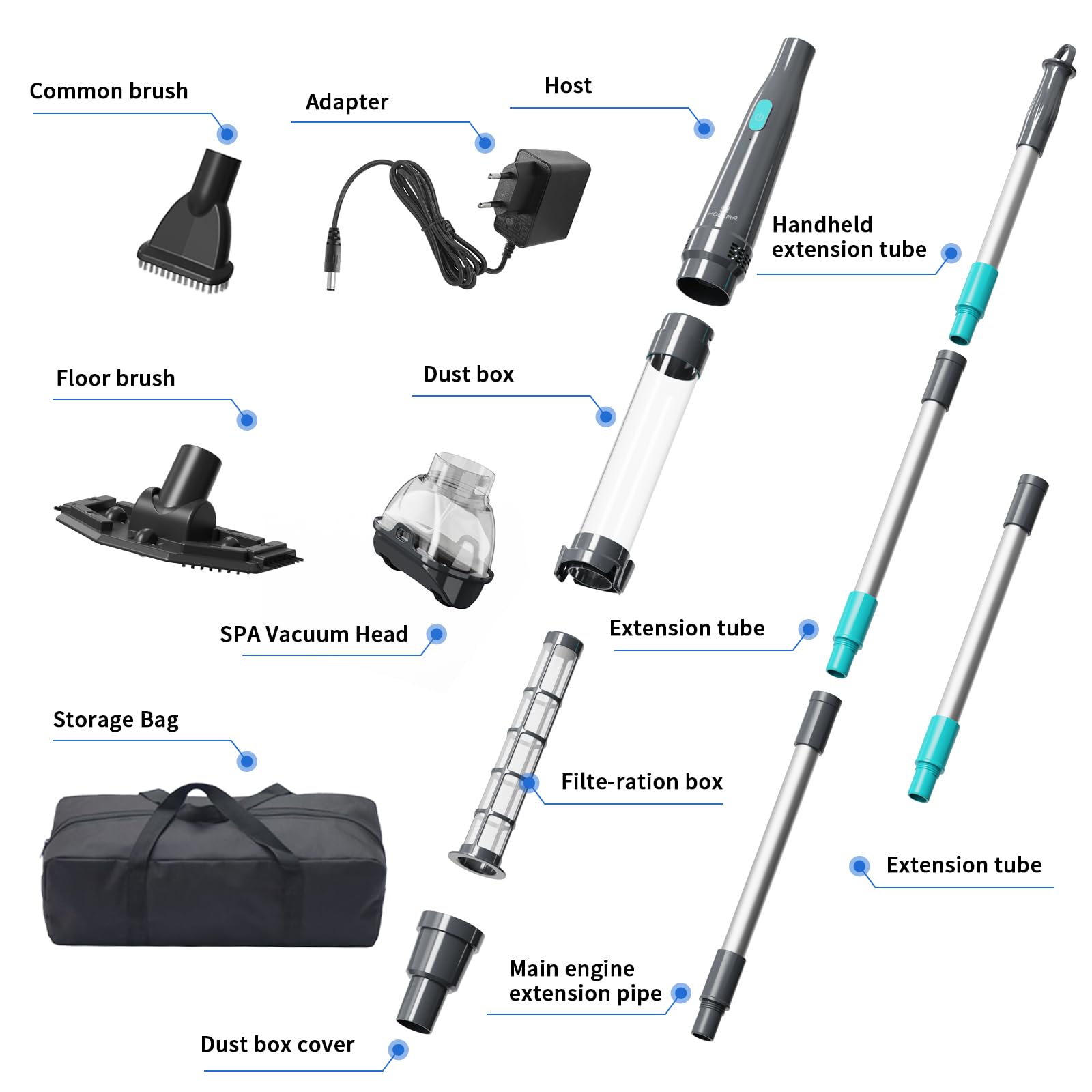 PoolMr handheld spa vacuum storage bag keeps accessories organized.