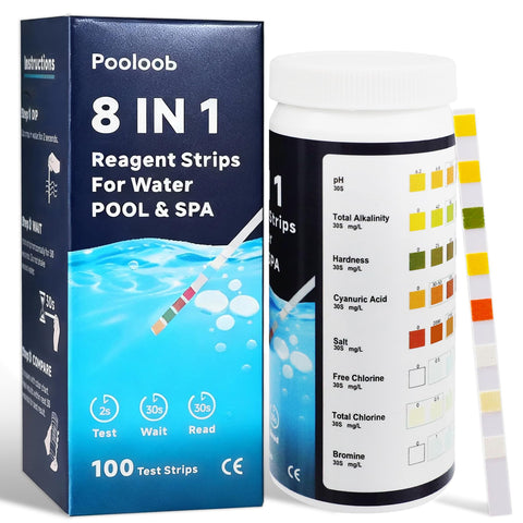 Pooloob 8-in-1 strip bottle front for quick pool checks
