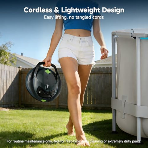 Pooloob PF1 shows the 7-2 inch suction port capturing leaves and debris efficiently.