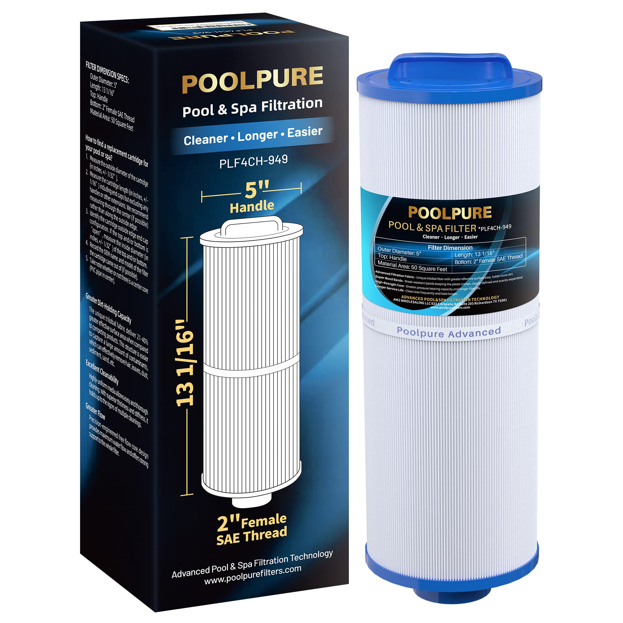 PoolPURE 4CH-949 spa filter front view showing compact cartridge design.