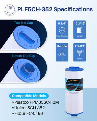 POOLPURE 5CH-352 spa filter side view highlights sturdy housing and grip