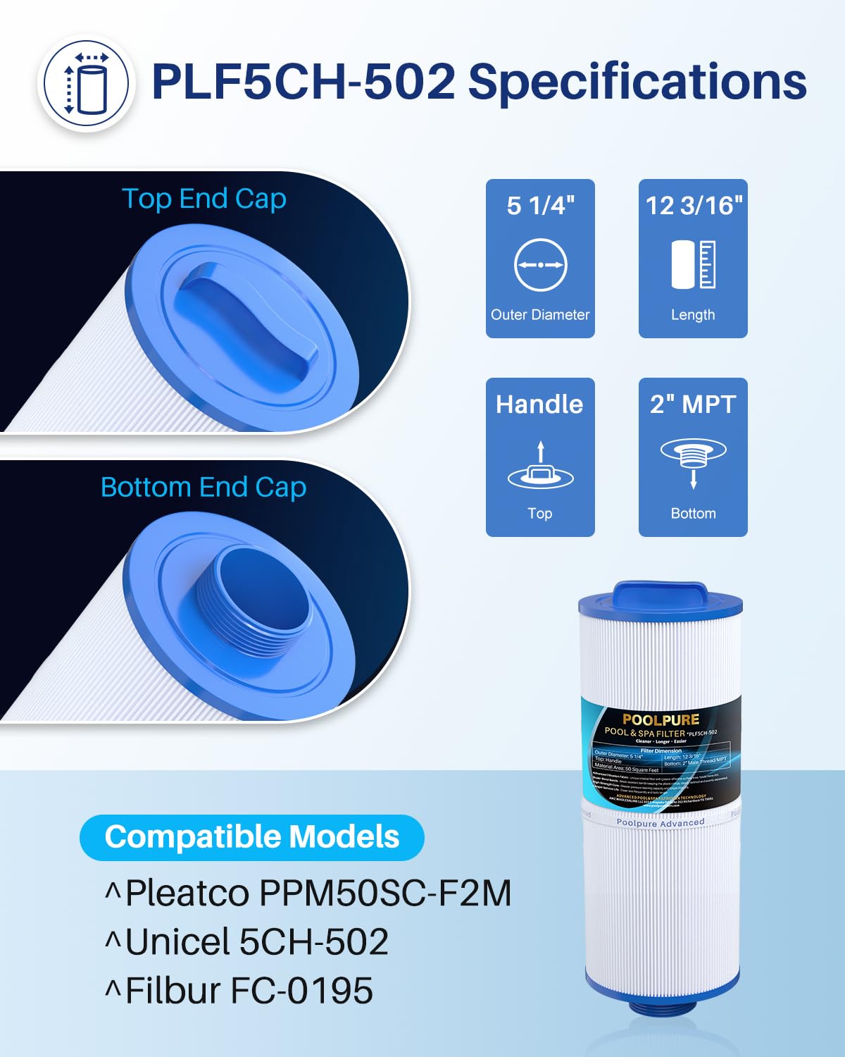 PoolPure 5CH-502 filter side view showing compact design for spa space.