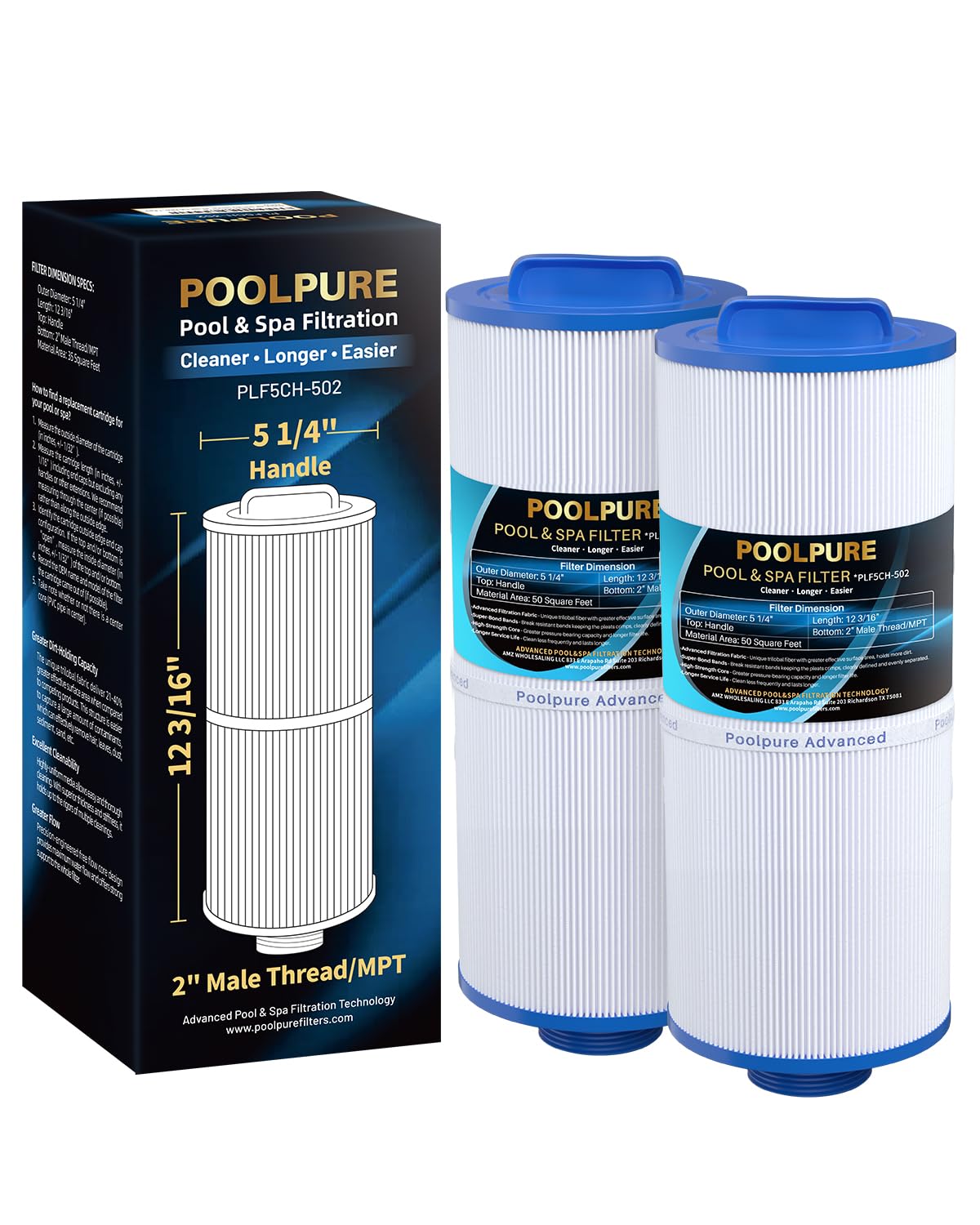 POOLPURE 5CH-502 filter image highlights Marquis spa compatibility with easy 2in MPT connection.