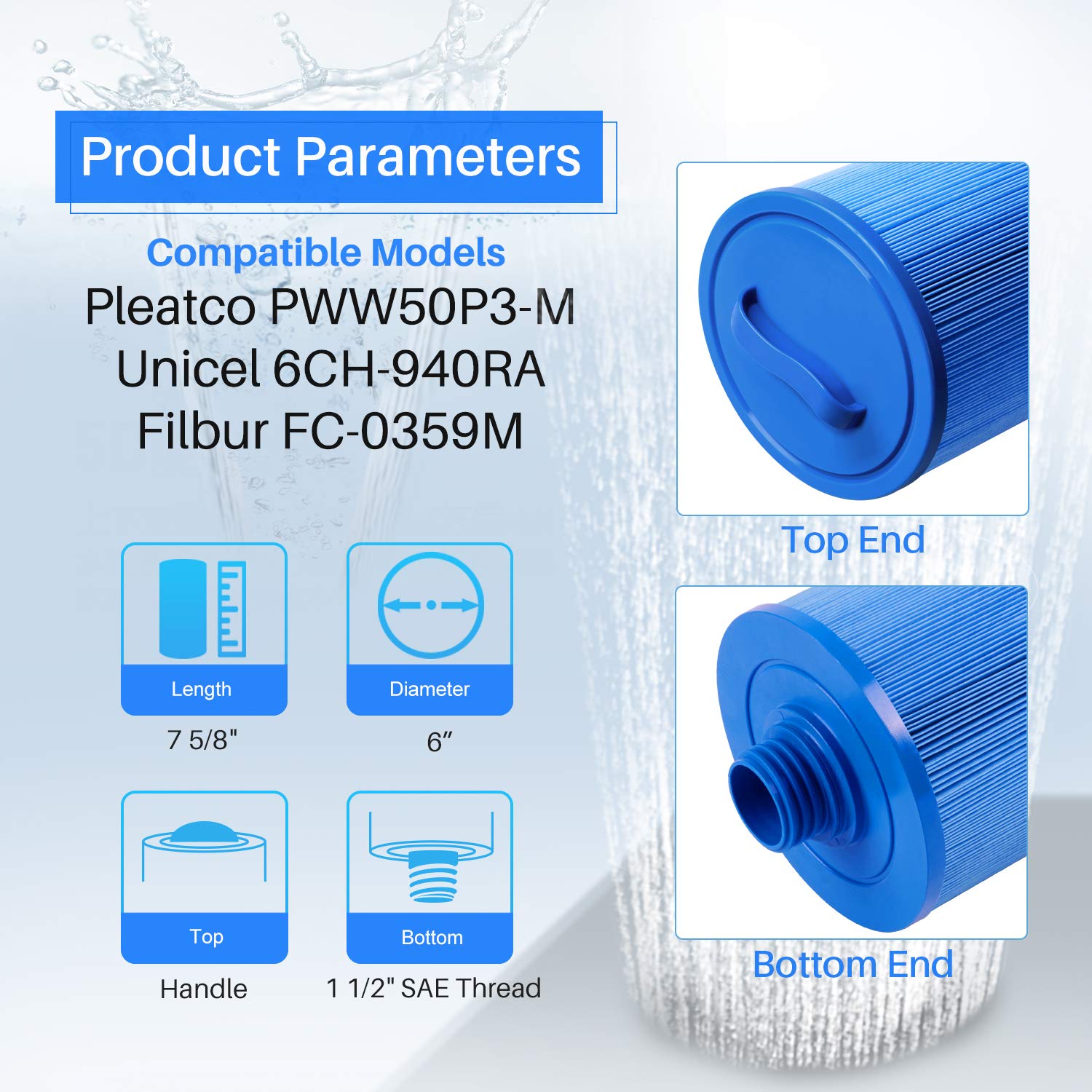 PoolPure 6CH-940RA spa filter side view demonstrates durable construction for lasting use.