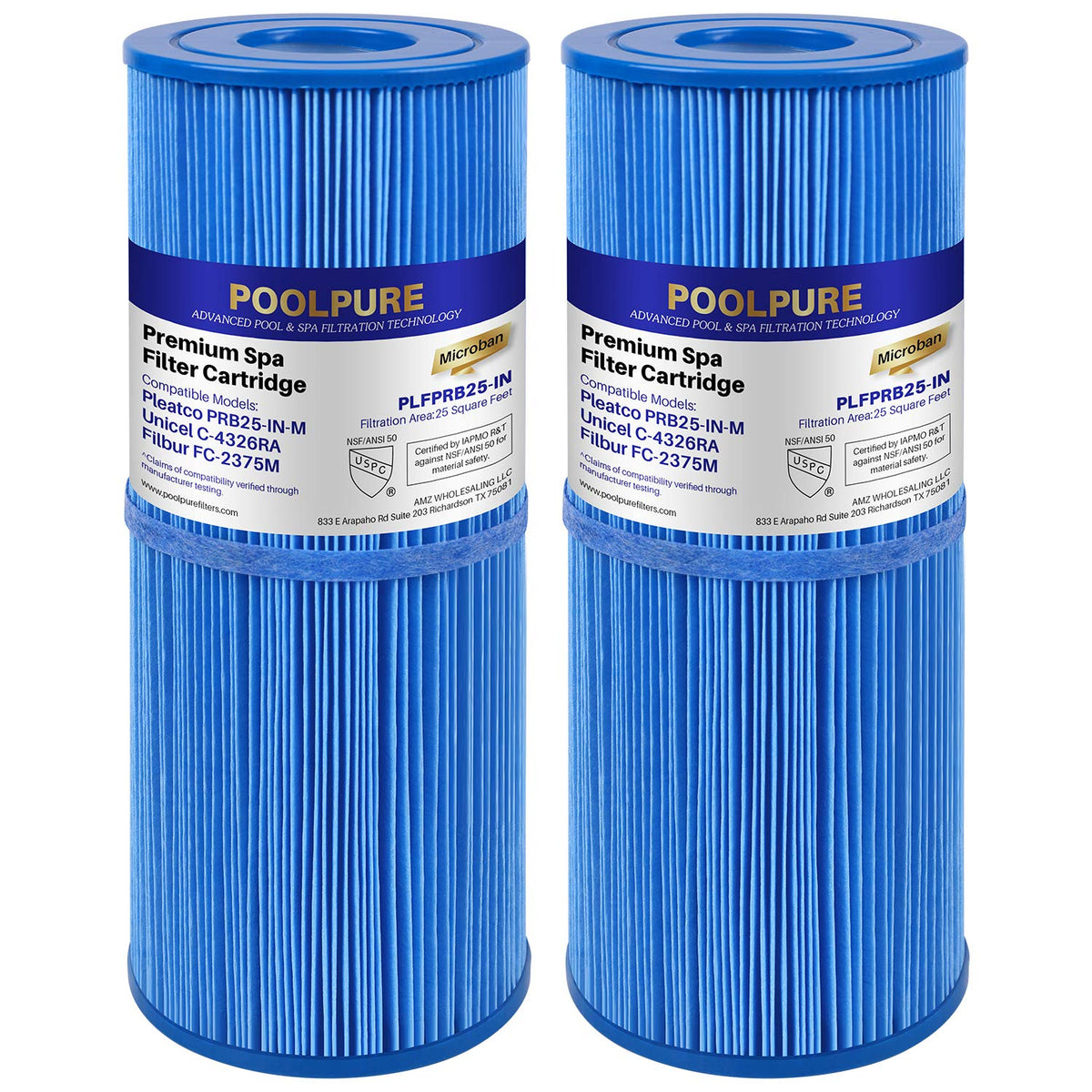 POOLPURE PRB25-IN-M spa filter close-up with antimicrobial fabric for durable filtration.