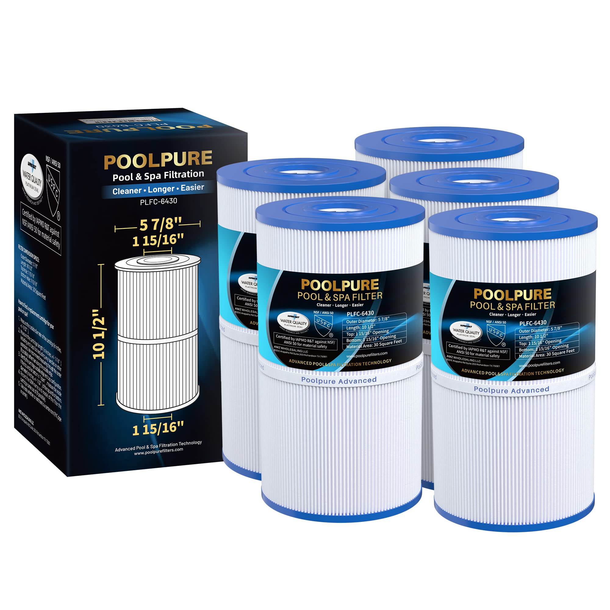 PoolPure C-6430 spa filter five-pack replacement for Watkins-compatible models.