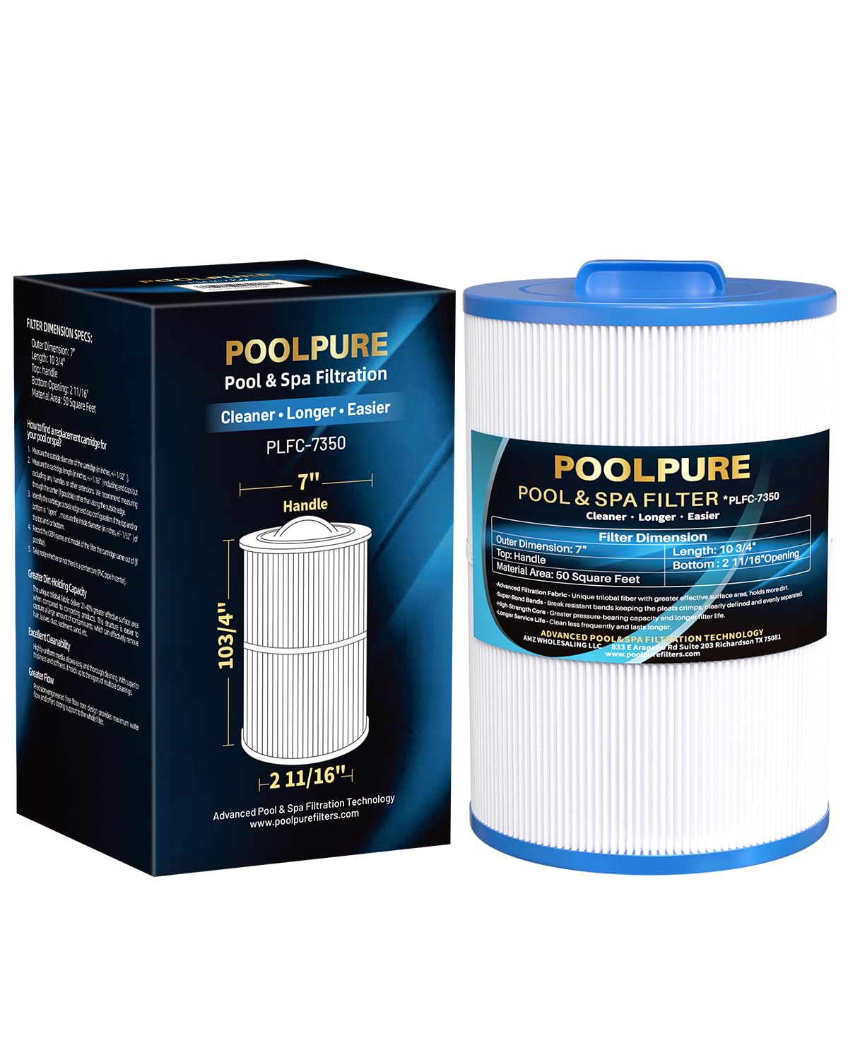 POOLPURE C-7350 spa filter close-up shows trilobal fabric for deep debris capture.