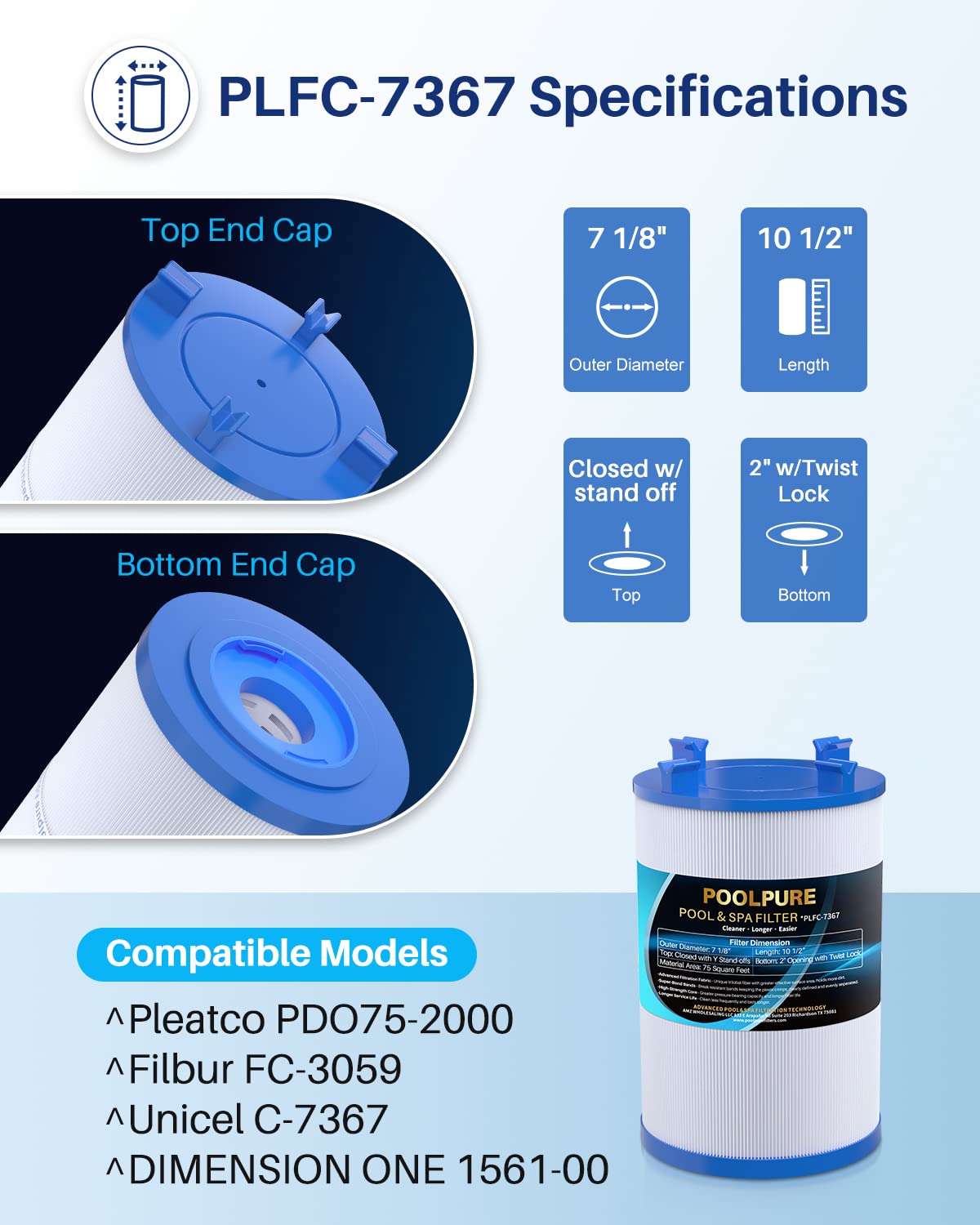 POOLPURE C-7367 spa filter with 75 sq ft area supports thorough cleansing of spa water.