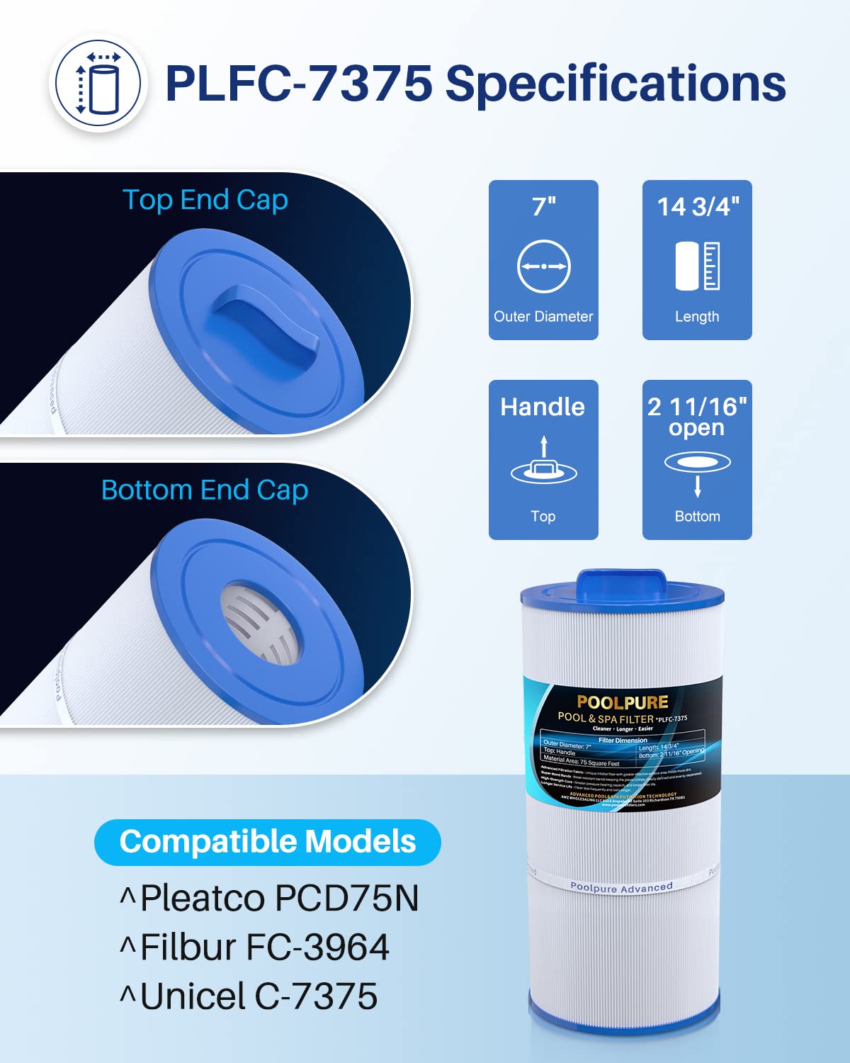 PoolPure C-7375 spa filter side view showing compact size fits tight spaces