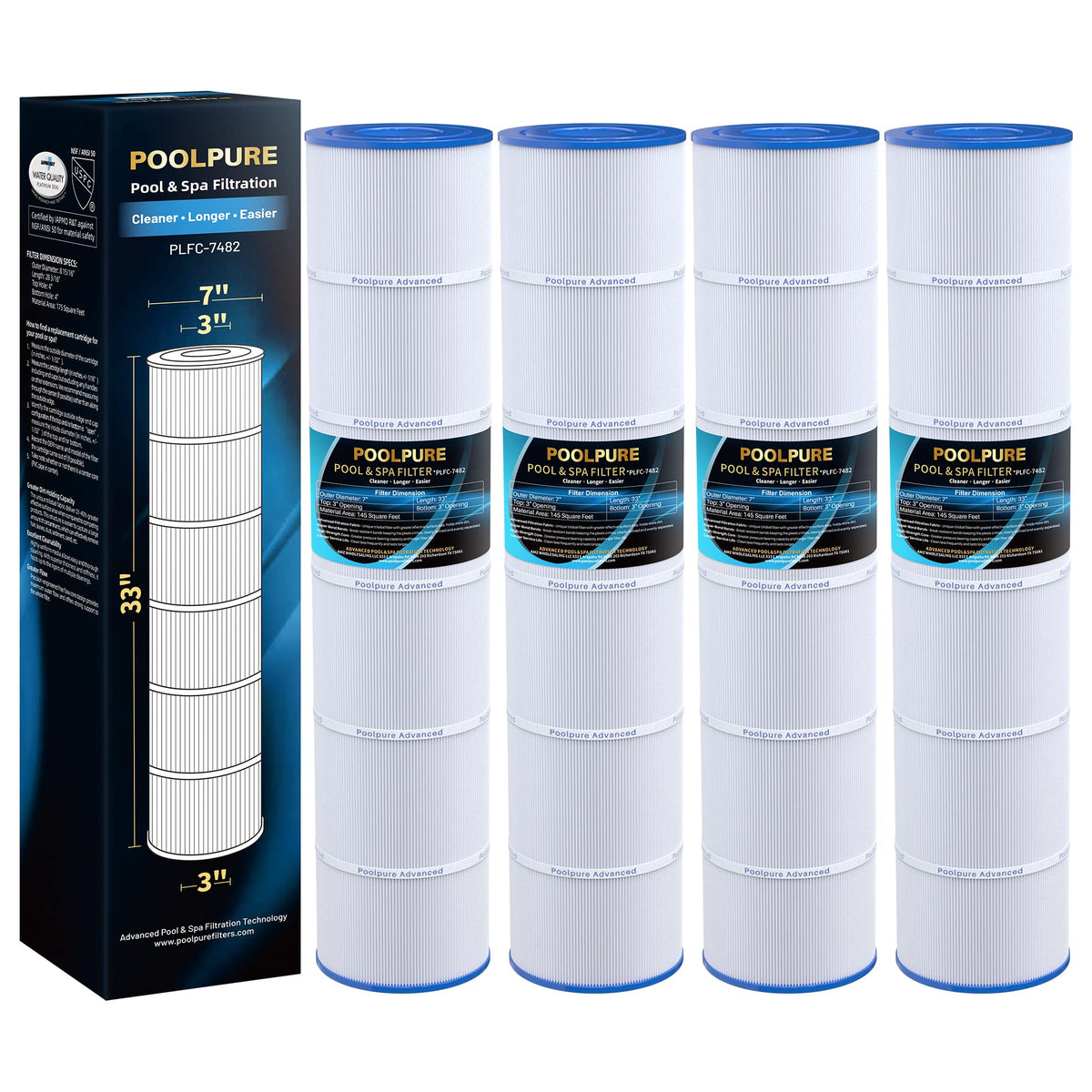 POOLPURE C-7482 filter cartridge, 33-inch length, for clear pool water and broad compatibility.
