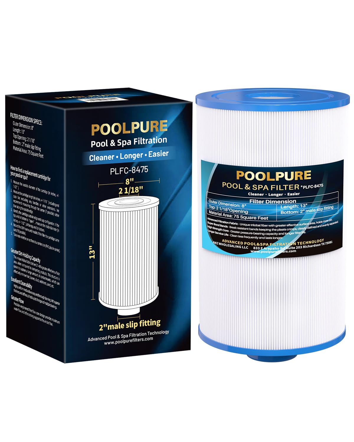 POOLPURE C-8475 spa filter box shows quick compatibility with major brands.