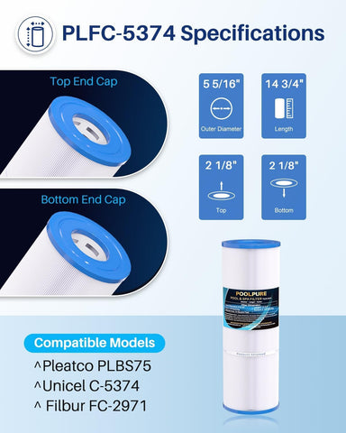 POOLPURE C-5374 spa filter highlights 75 sq ft filtration area for comprehensive spa cleaning.