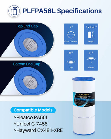 POOLPURE filter shows 17-3-8 inch length for precise fit.