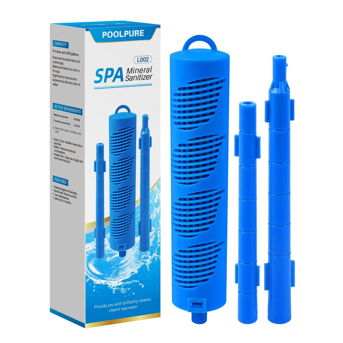 POOLPURE hot tub mineral stick close-up showing mineral infusion for clearer water.