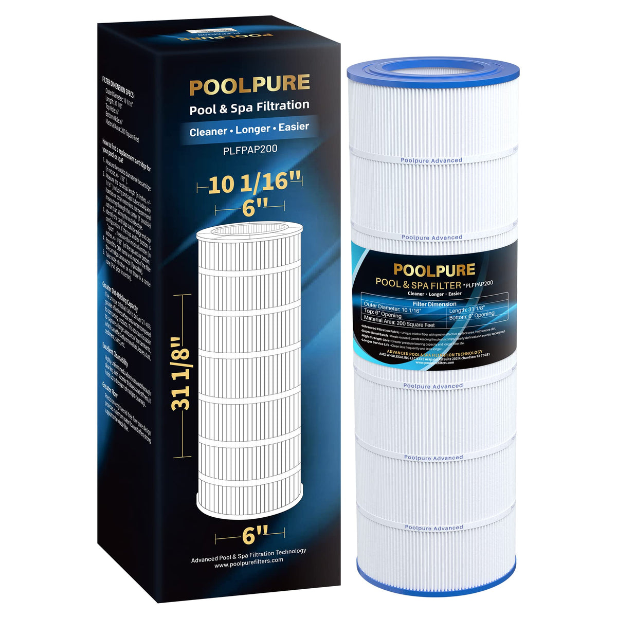 PoolPure PAP200 cartridge close-up showing 50 sq ft filtration area for clear water.