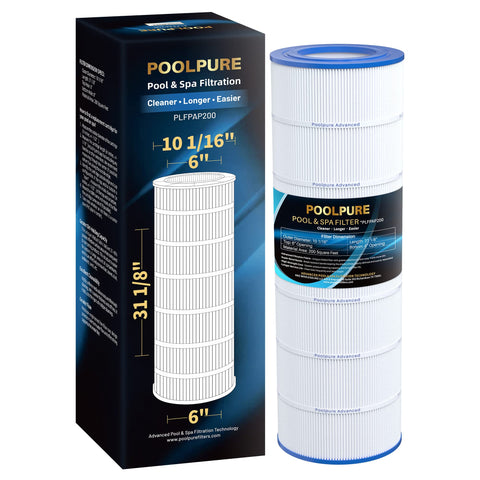 PoolPure PAP200 cartridge close-up showing 50 sq ft filtration area for clear water.