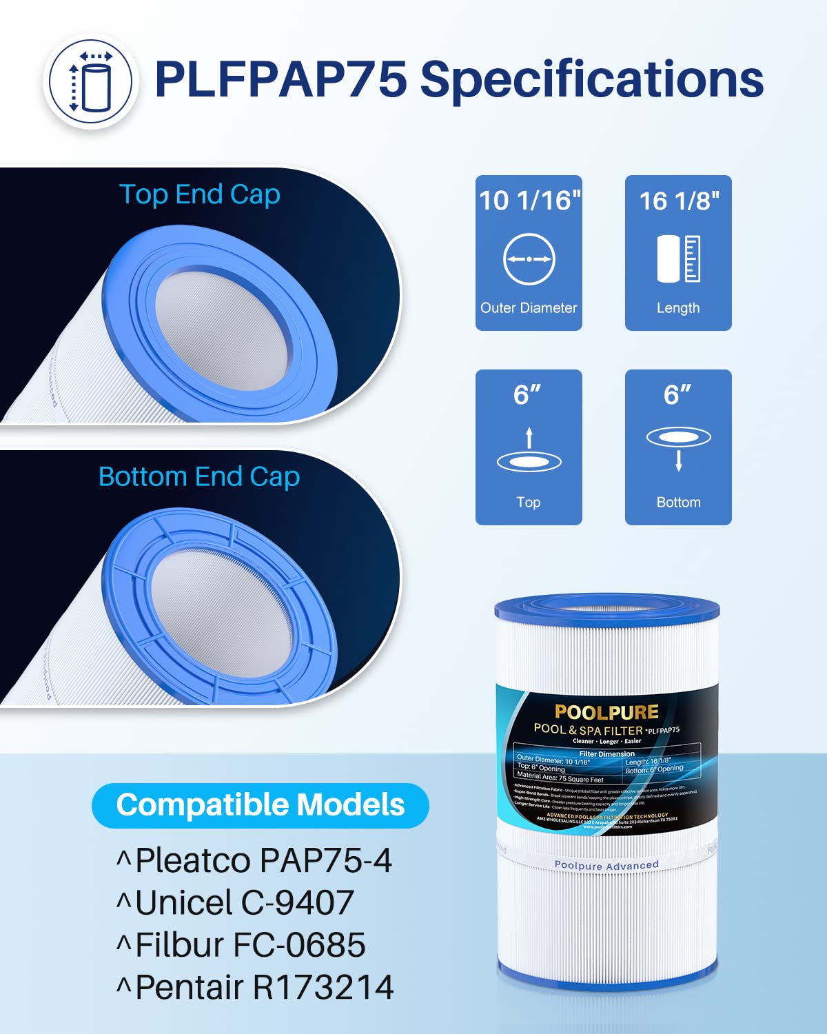 Dirt-Locking technology detail on POOLPURE PAP75 cartridge.