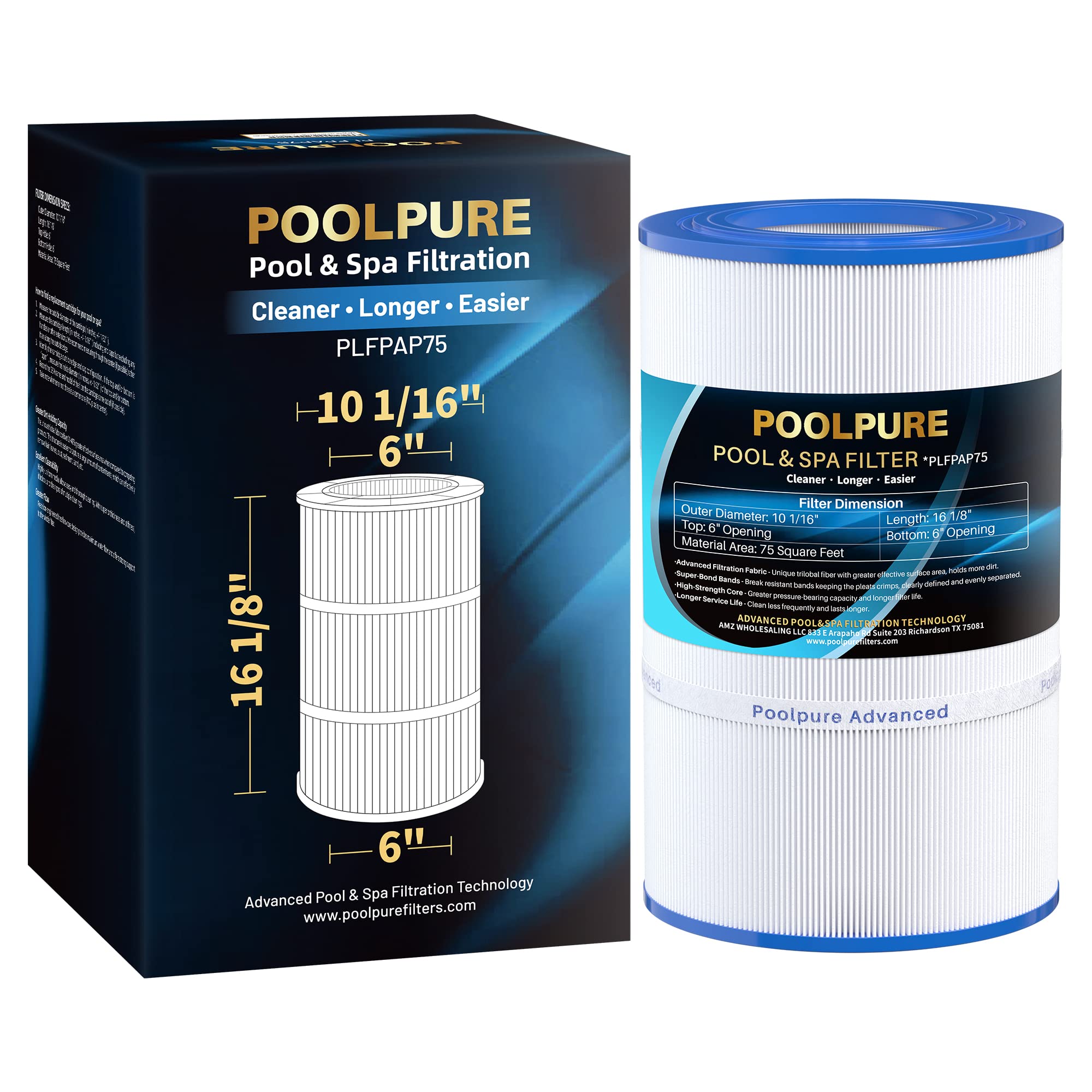 POOLPURE PAP75 filter cartridge close-up with trilobal fabric for debris capture.