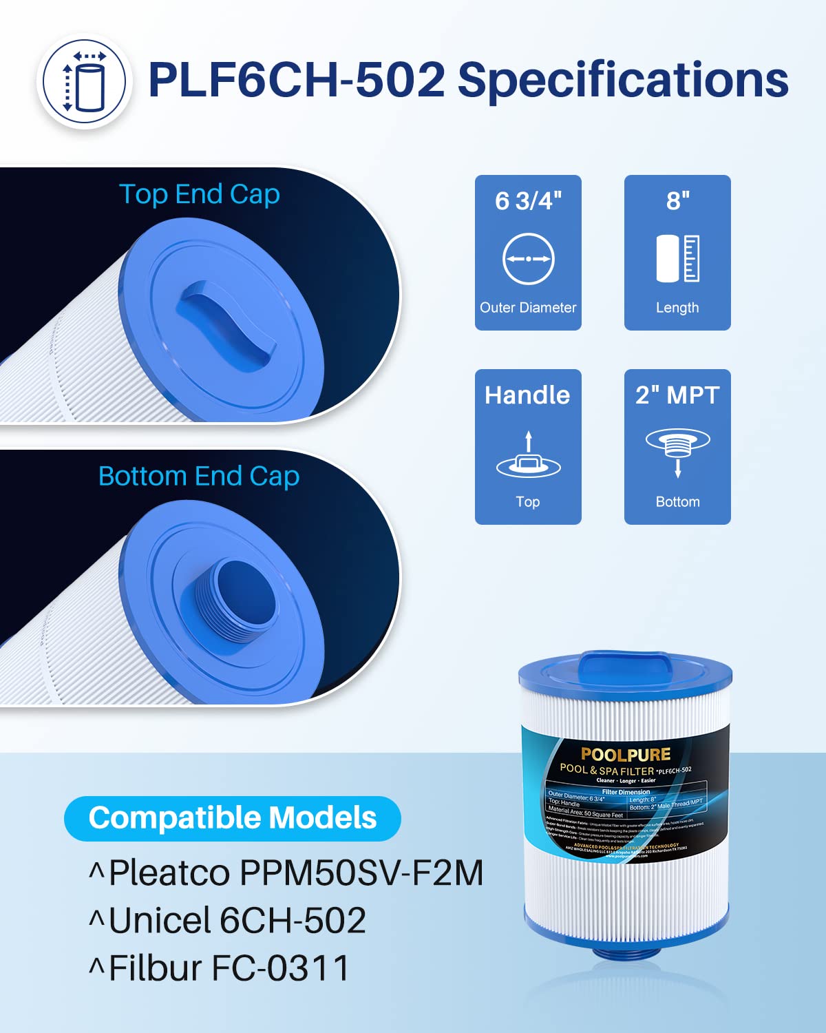 POOLPURE PAS50SV-F2M spa filter side view with universal fit and MPT bottom