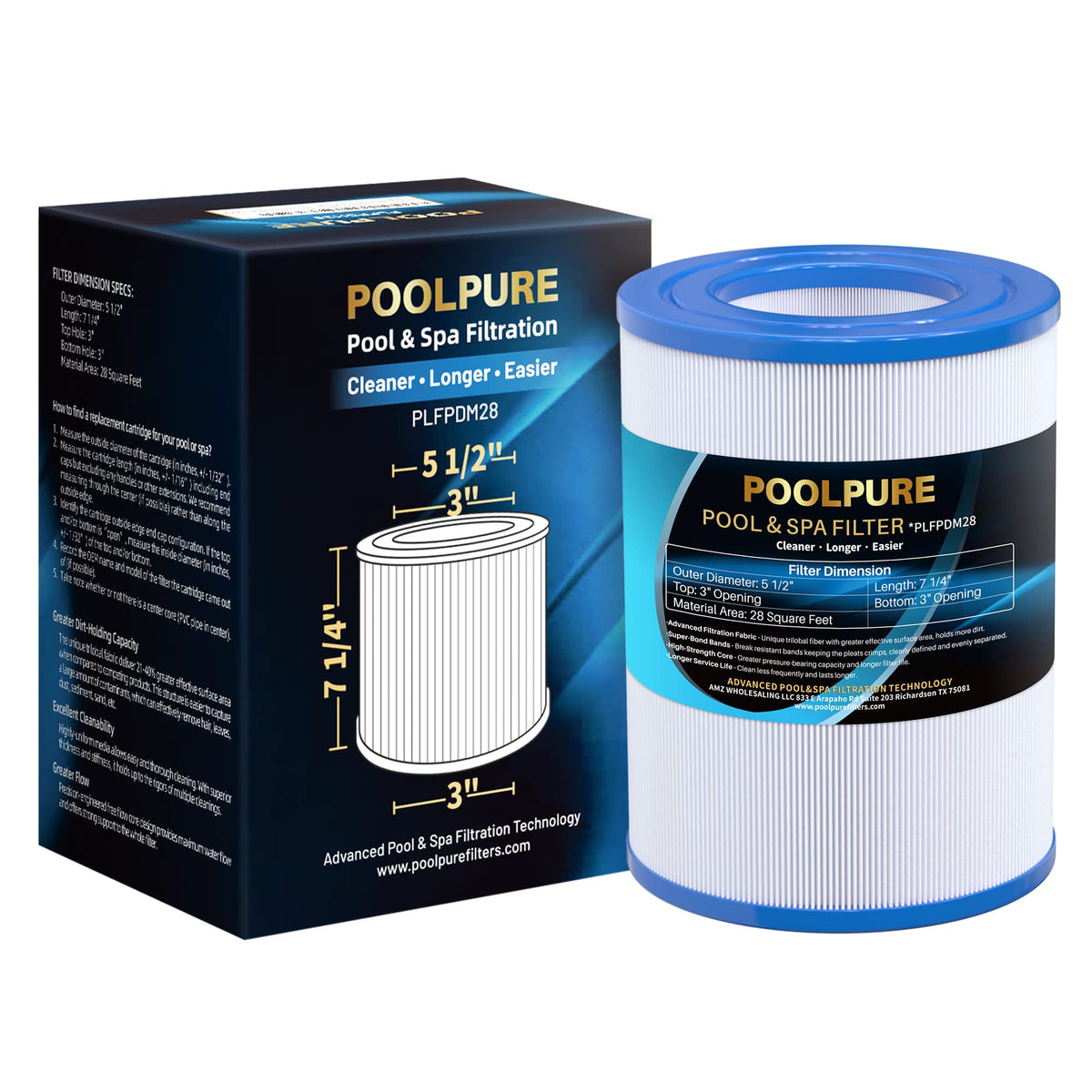 PoolPure PDM28 spa filter with trilobal fabric for better dirt capture.