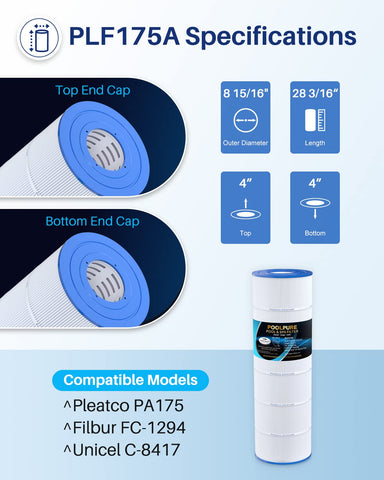 POOLPURE PLF175A dimensions image shows length and diameter for fit.