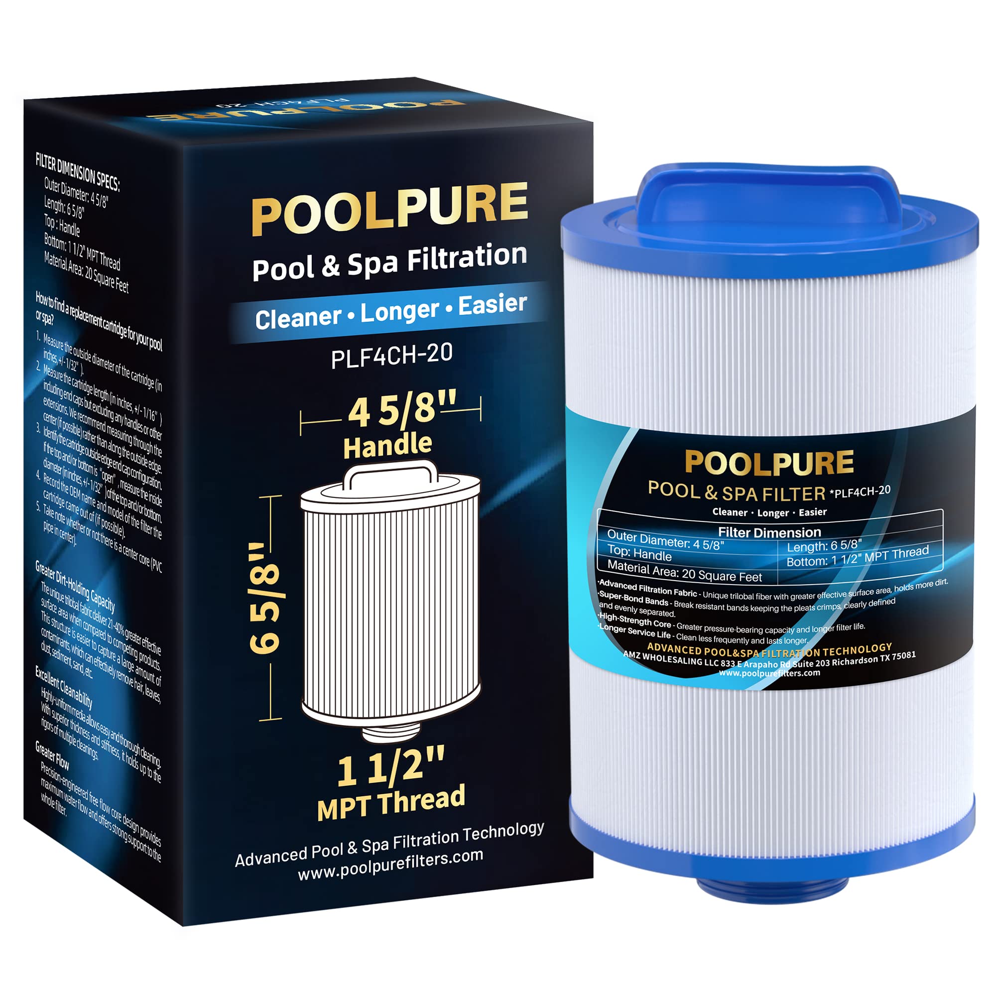 POOLPURE PLF4CH-20 spa filter close-up showing dirt-locking performance for clear water.