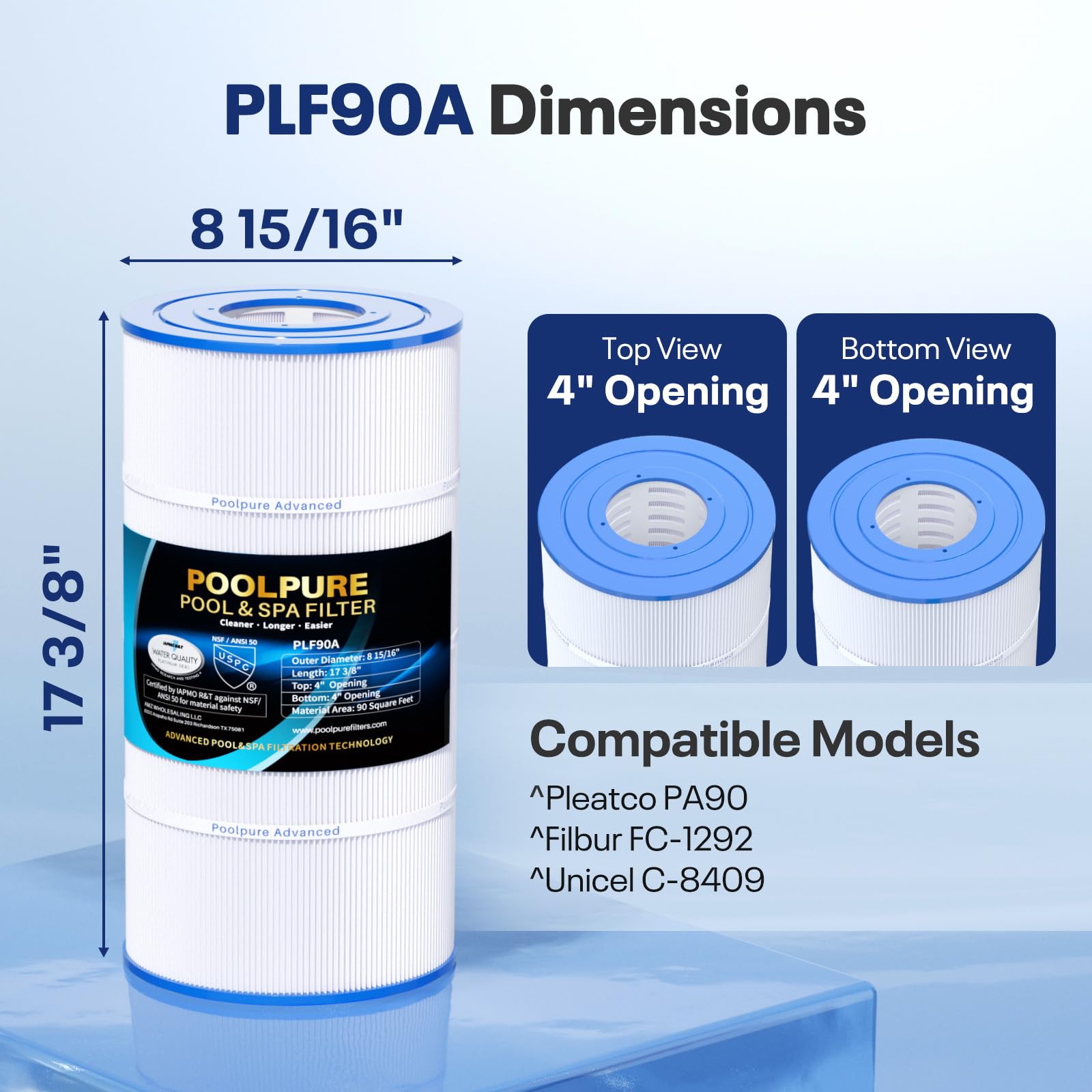 PoolPure PLF90A dimensions ensure a precise, easy replacement in compatible filter housings.