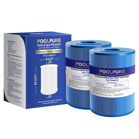 PoolPure PLFC-8465-M spa filter front view highlighting antimicrobial filtration fabric for healthier water