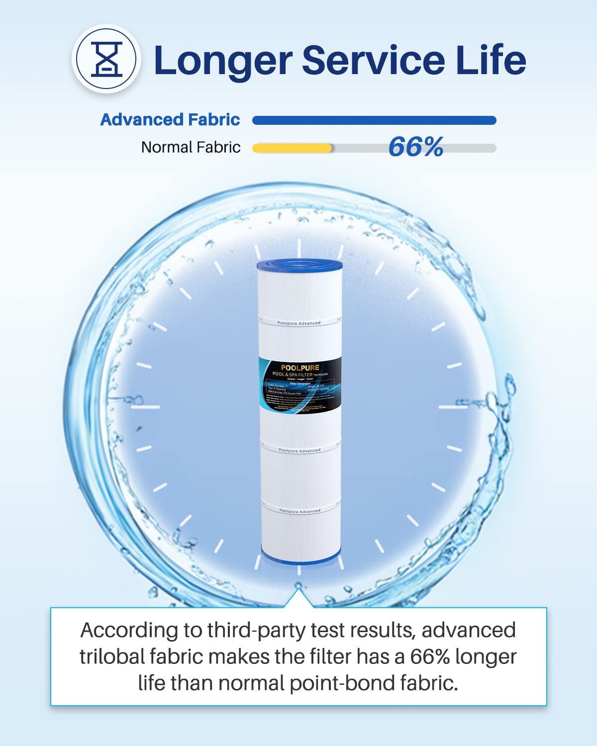 POOLPURE PLFPA100N filters down to 50 microns for finer particles.