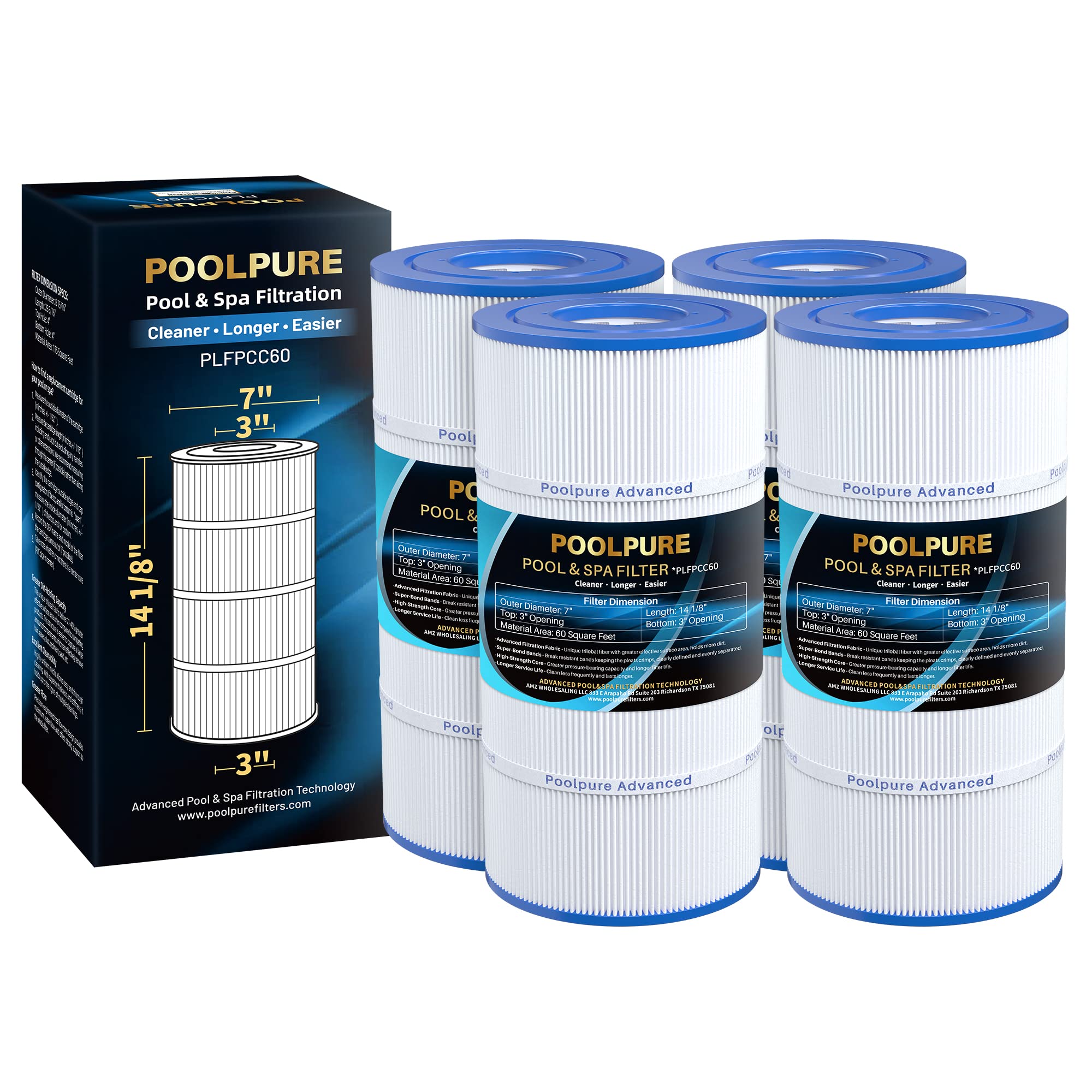 PoolPURE PLFPCC60 filter cartridge close-up showing 60 sq ft filtration for clean water