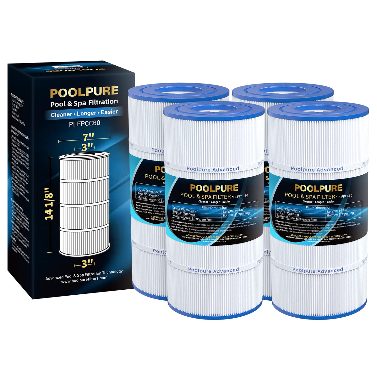 PoolPURE PLFPCC60 filter cartridge close-up showing 60 sq ft filtration for clean water